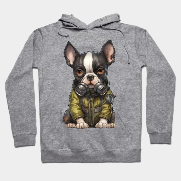 Boston Terrier Dog Wearing Gas Mask Hoodie by Chromatic Fusion Studio